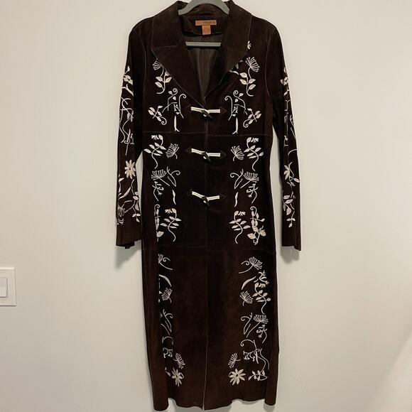 Vintage Arden B Brown Suede Leather Coat Ivory Embroidery Women L (runs small) - Picture 1 of 8